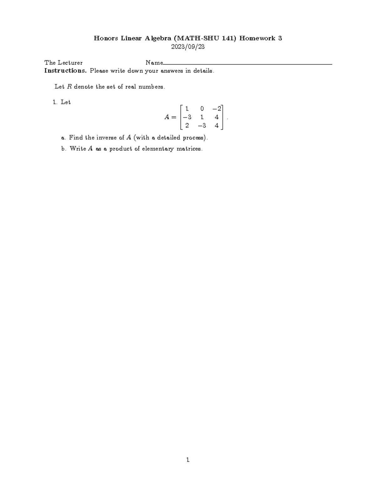 Honors Linear Algebra 141 - Homework 3 Detailed Solutions - Studocu