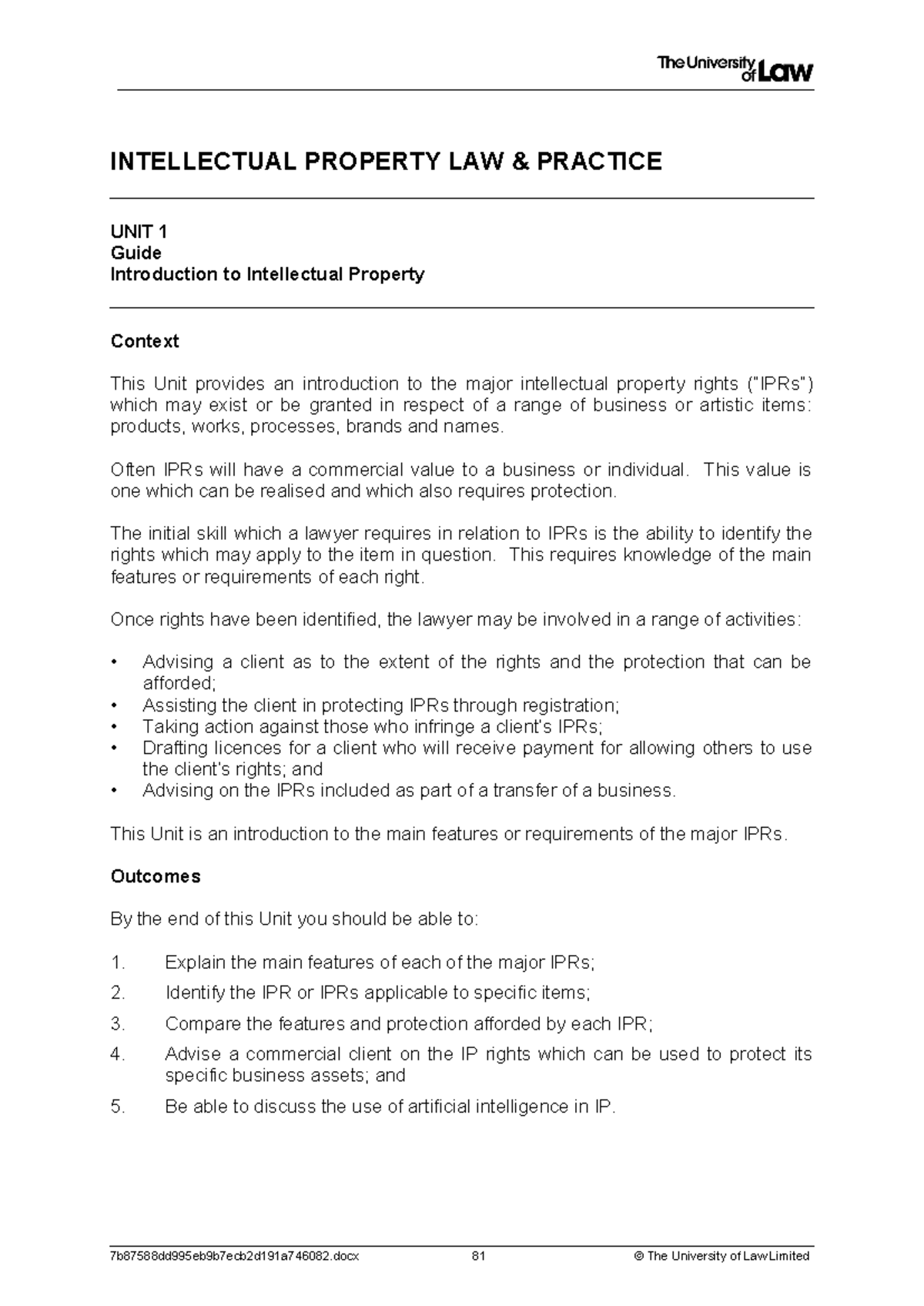 IP LAW UNIT 1: Intro to IPRs & Client Advisory Workshop Guide - Studocu