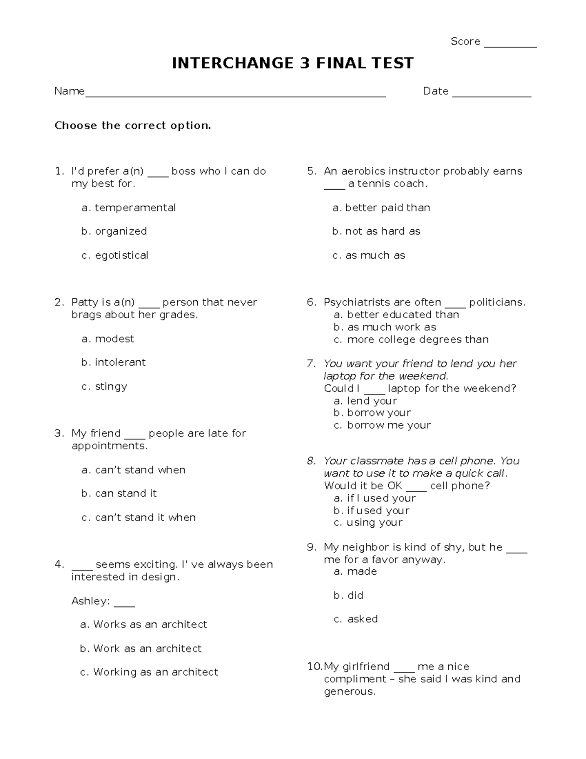 INTERCHANGE 3 FINAL TEST - Practice Questions and Answers - Studocu