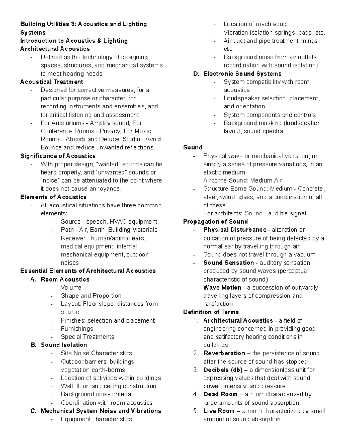 ARBU3 Final Exam Notes - Architectural Acoustics & Lighting Systems ...