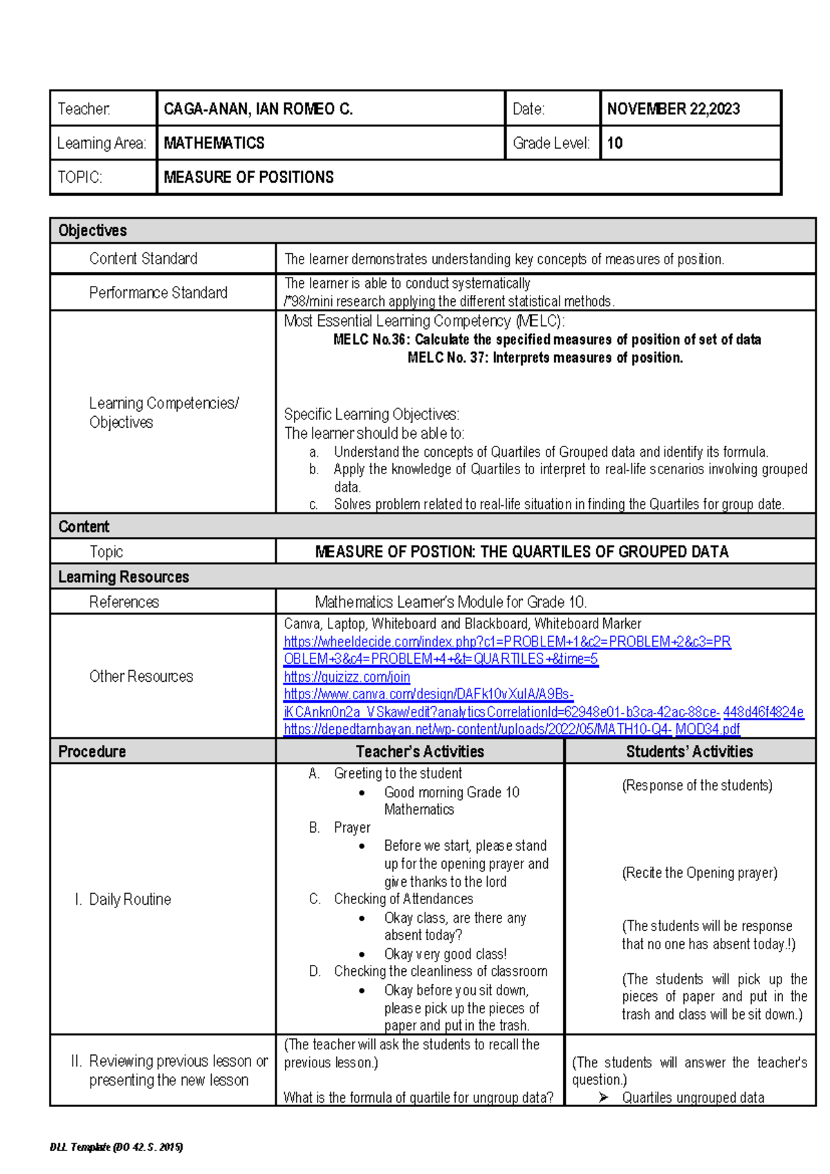 Mathematics 10 - Lesson Plan on Measures of Position and Quartiles ...