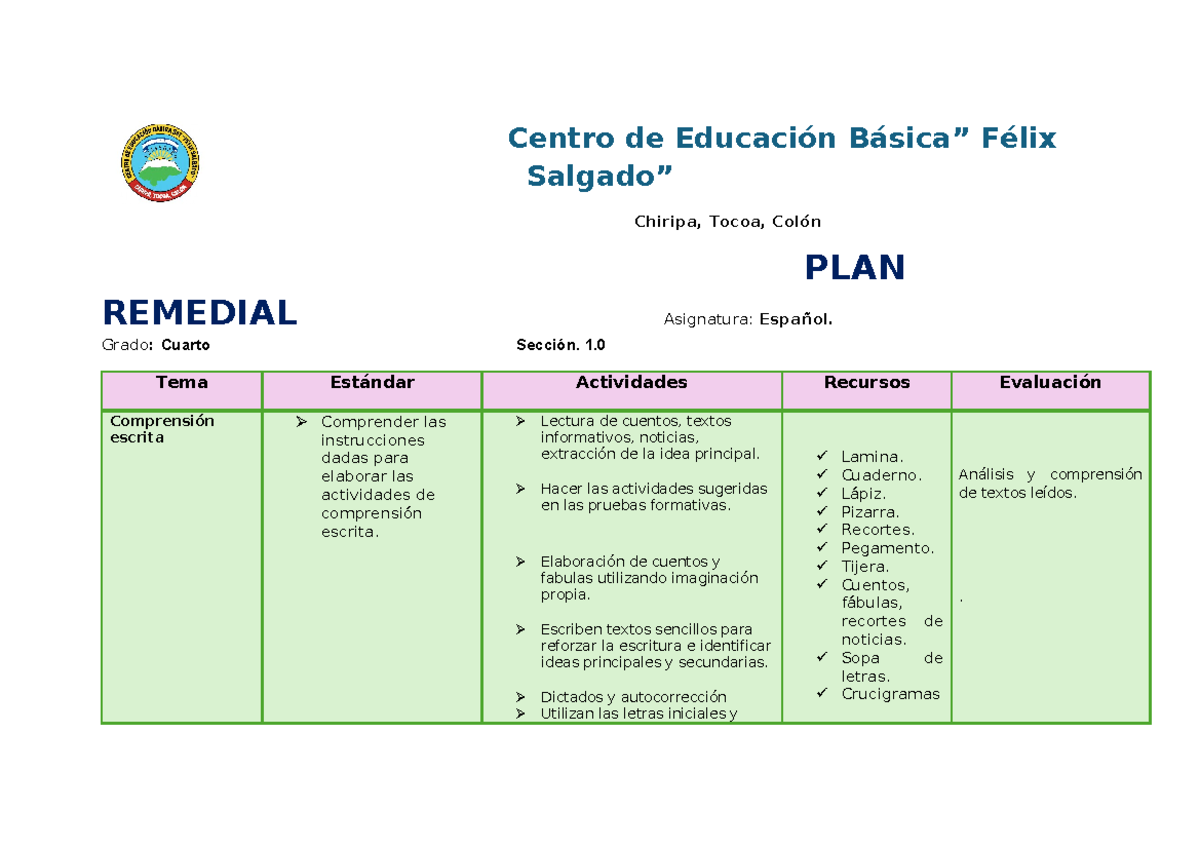 Plan Remedial de Español 4to Grado - Comprensión Escrita - Studocu