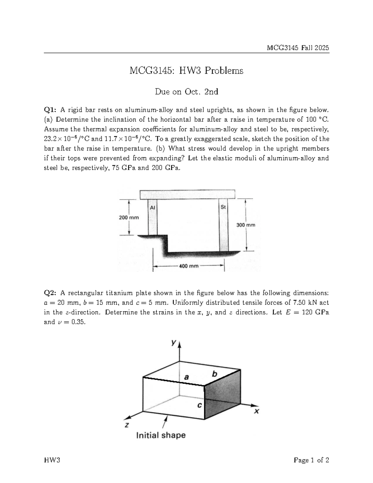 MCG3145 Fall 2025: HW3 Problems on Thermal Expansion and Stress - Studocu