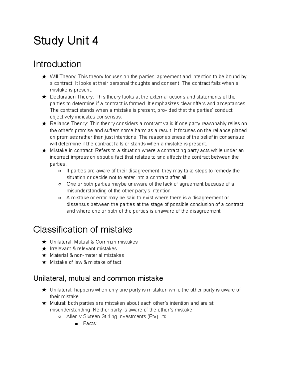 Study Unit 4 - SU 4 Semester 1 Contract Mistakes & Theories Summary ...