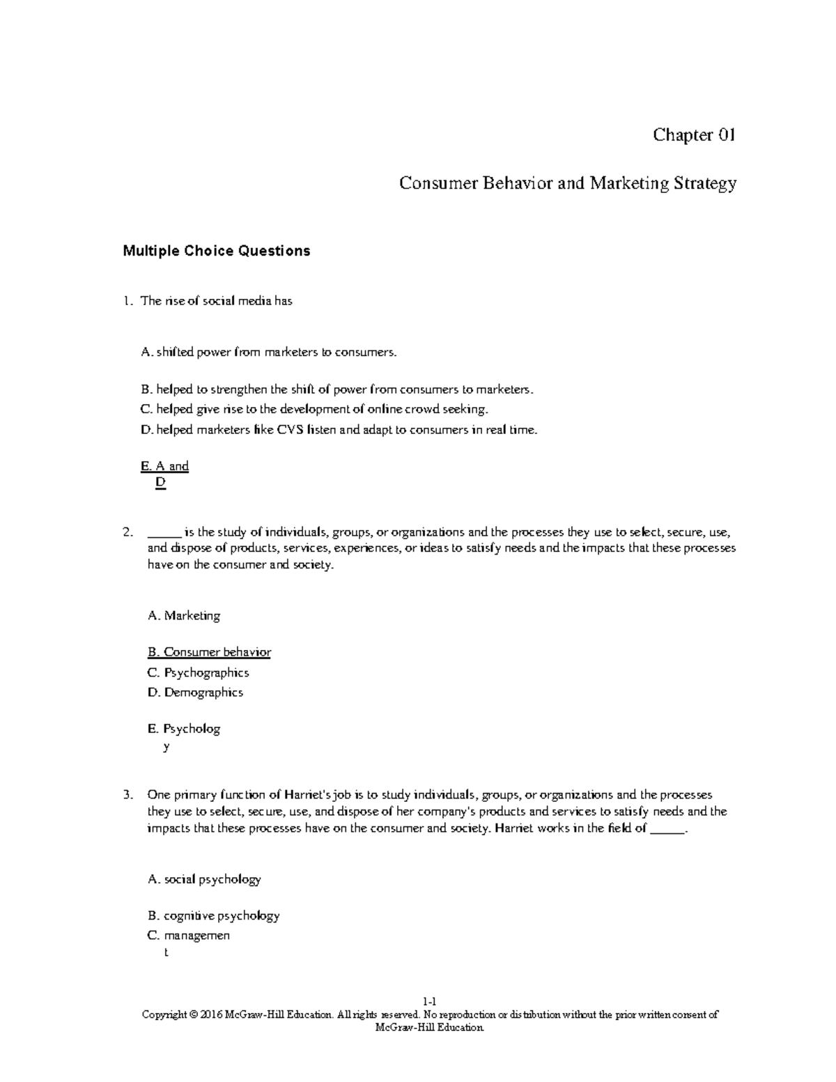 Chapter 01: Consumer Behavior & Marketing Strategy MCQs - Studocu