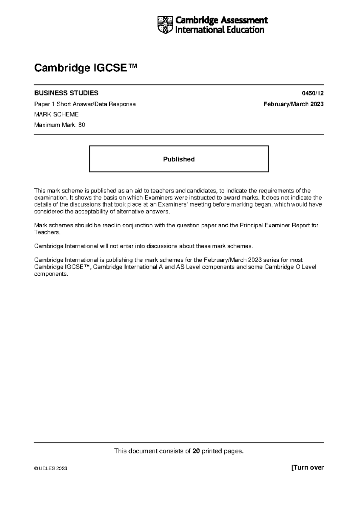Cambridge IGCSE Business Studies 0450 Paper 1 Short Response Mark ...