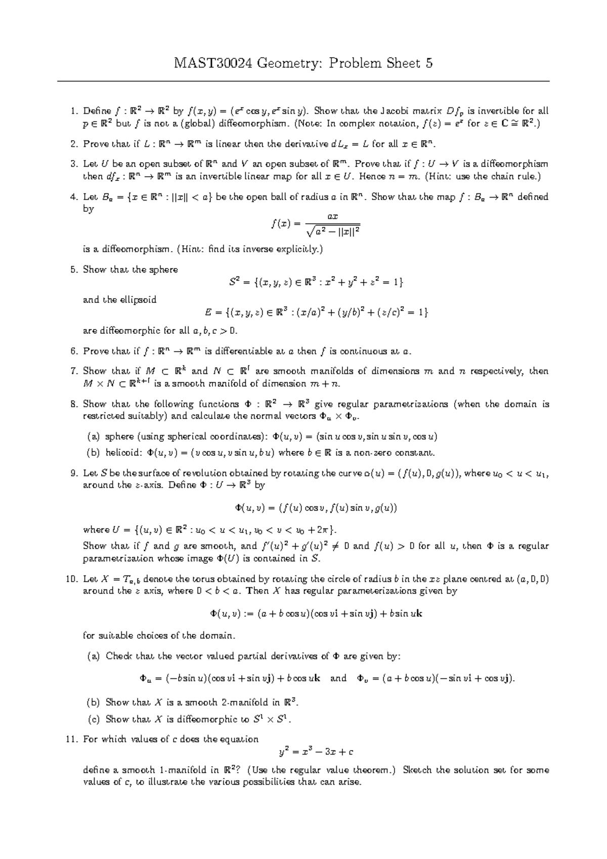 MAST30024 Geometry: Problem Sheet 5 Solutions and Proofs - Studocu