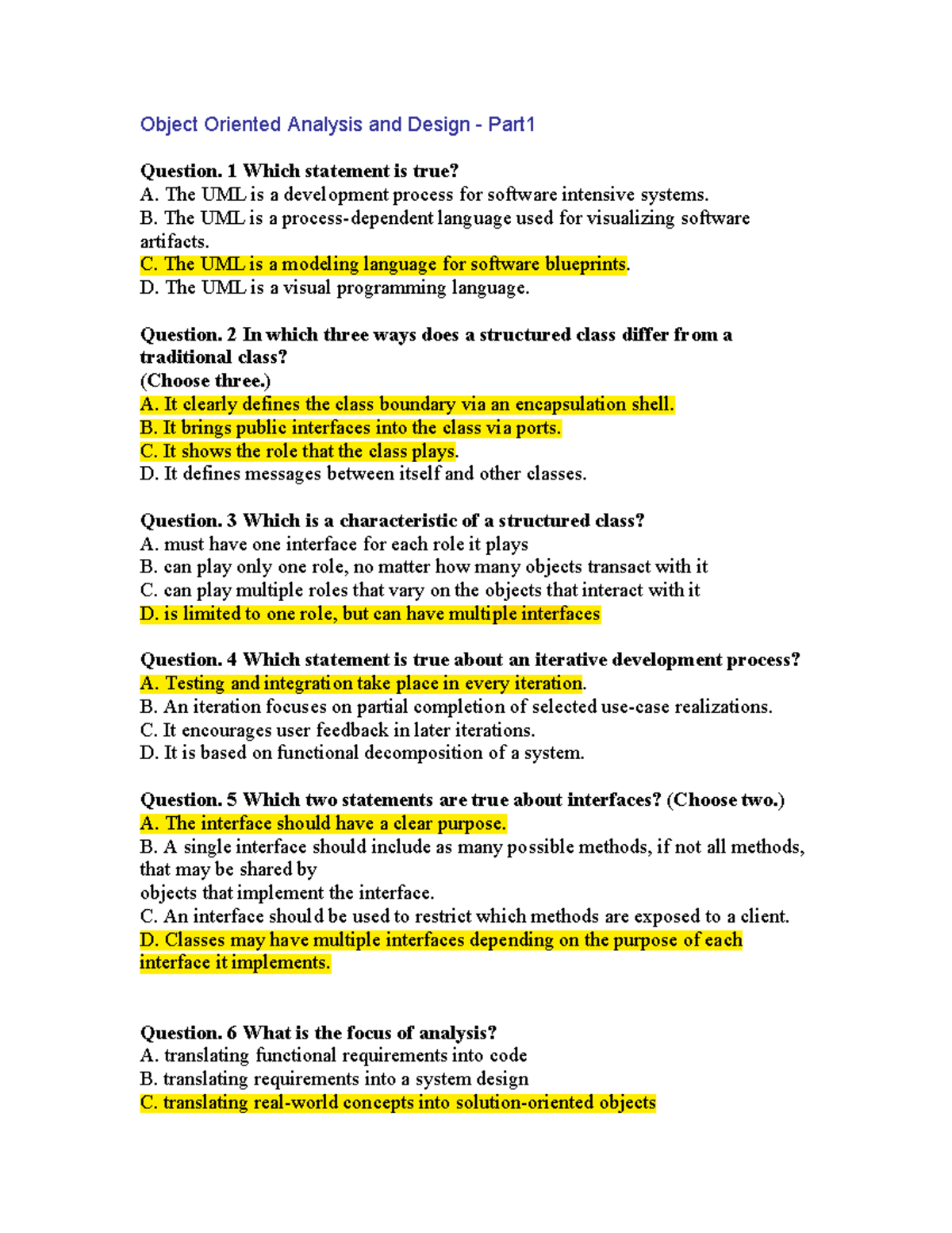 Object Oriented Analysis and Design - Exam Part I Questions with ...