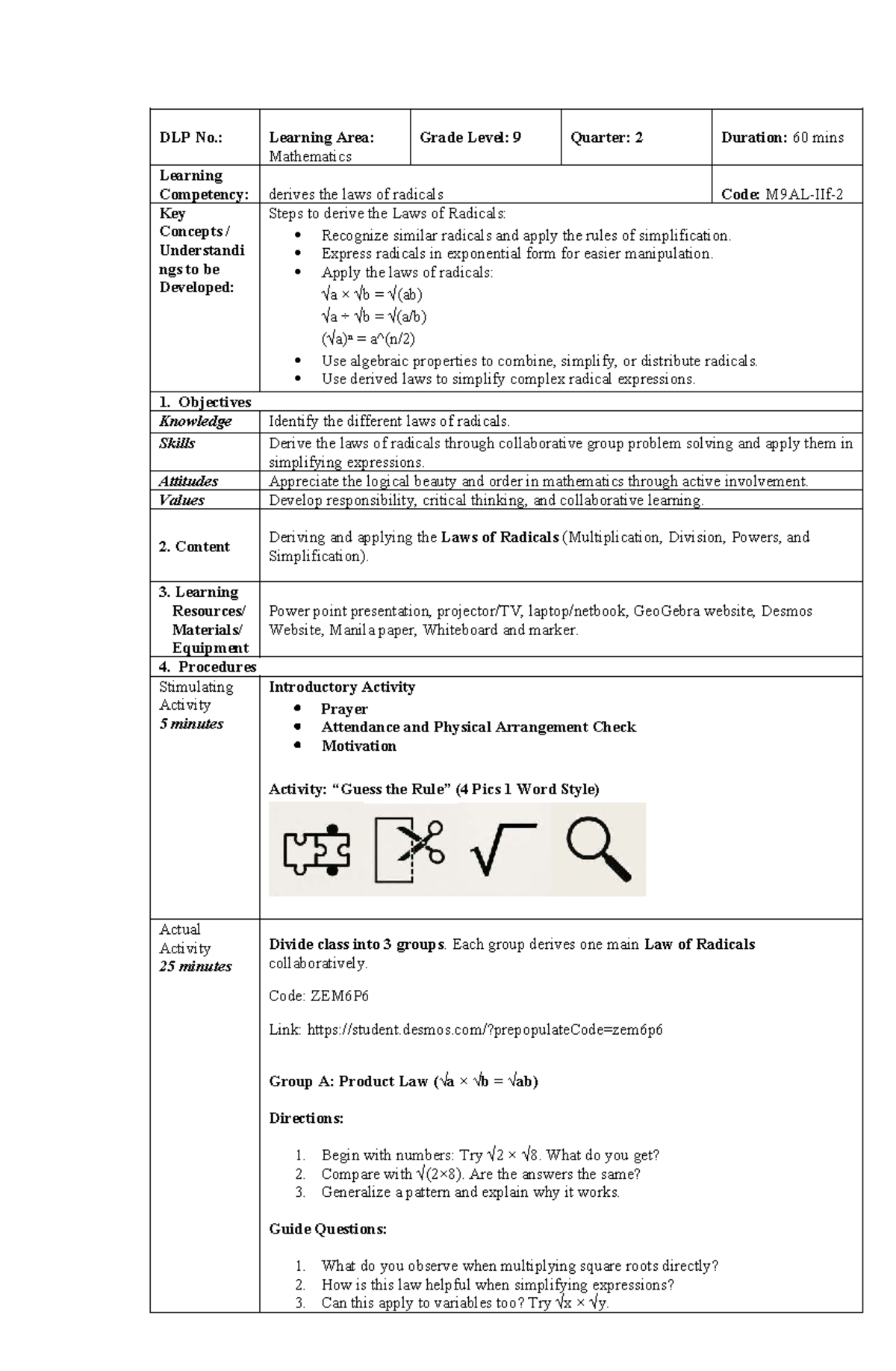 Mathematics Grade 9: Deriving Laws of Radicals - Lesson Plan - Studocu