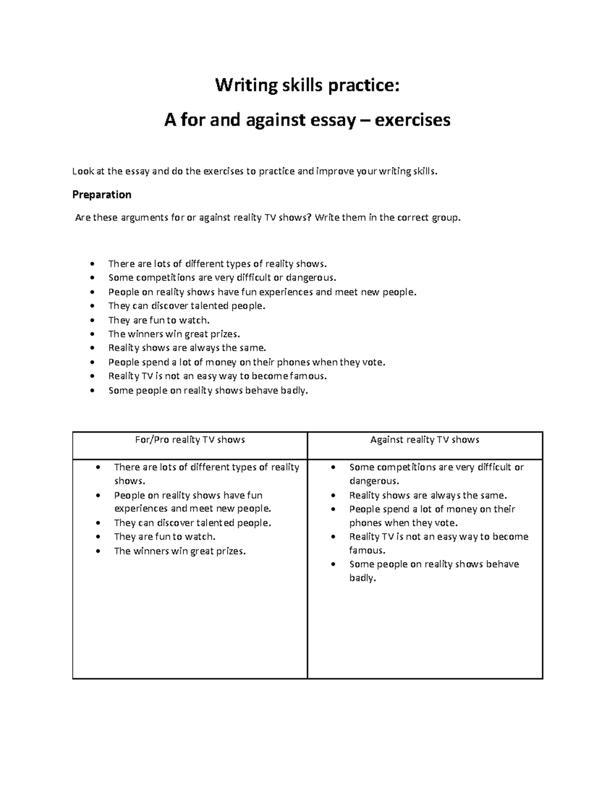 Writing Skills Practice: For and Against Essay Exercises - Studocu
