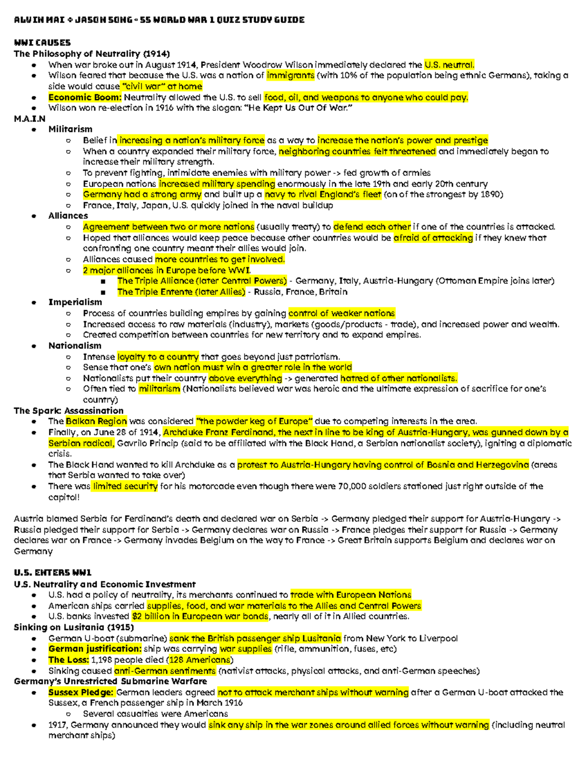 SS World War 1 Quiz Study Guide - Studocu