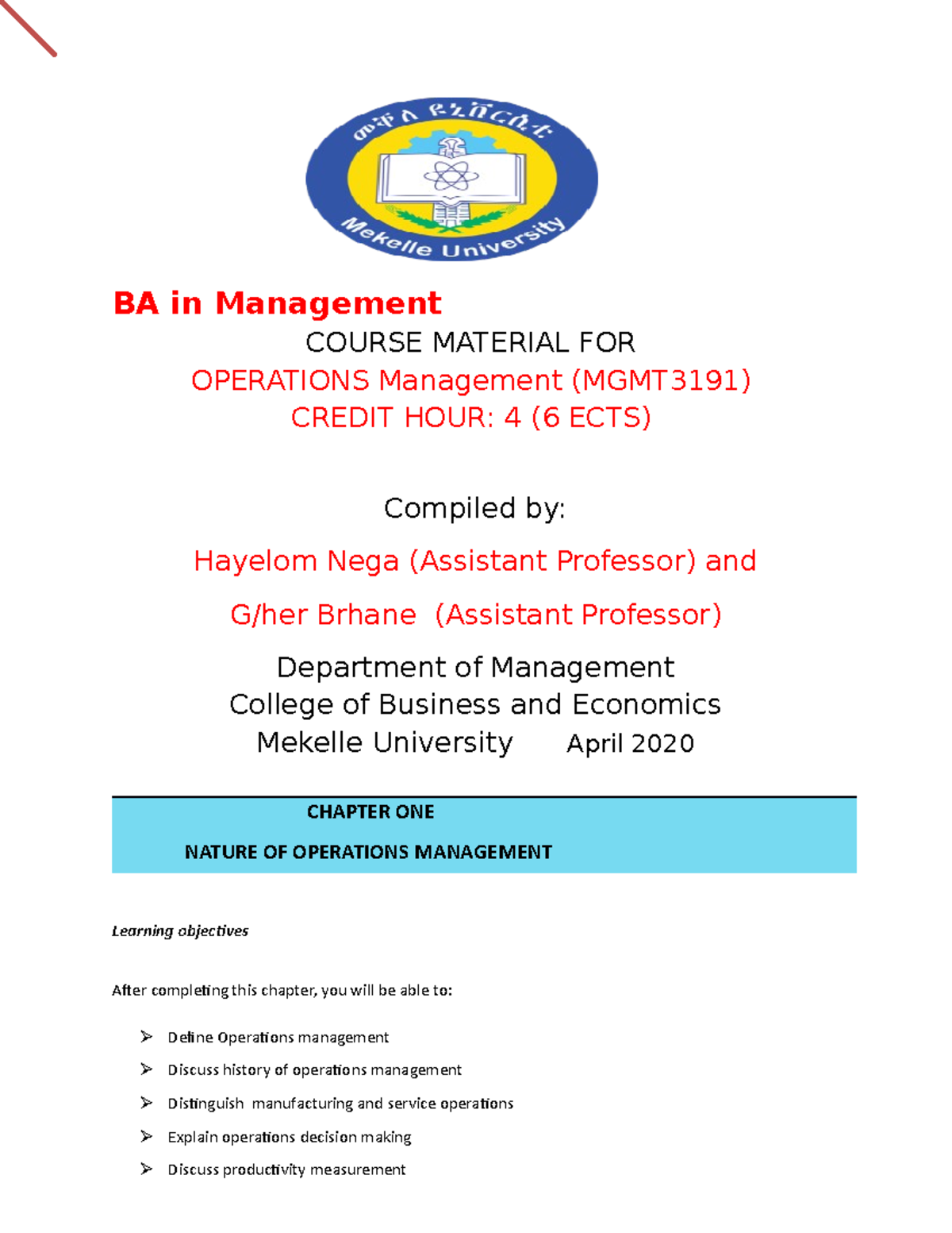 MGMT3191 - Introduction to Operations Management: Key Concepts ...