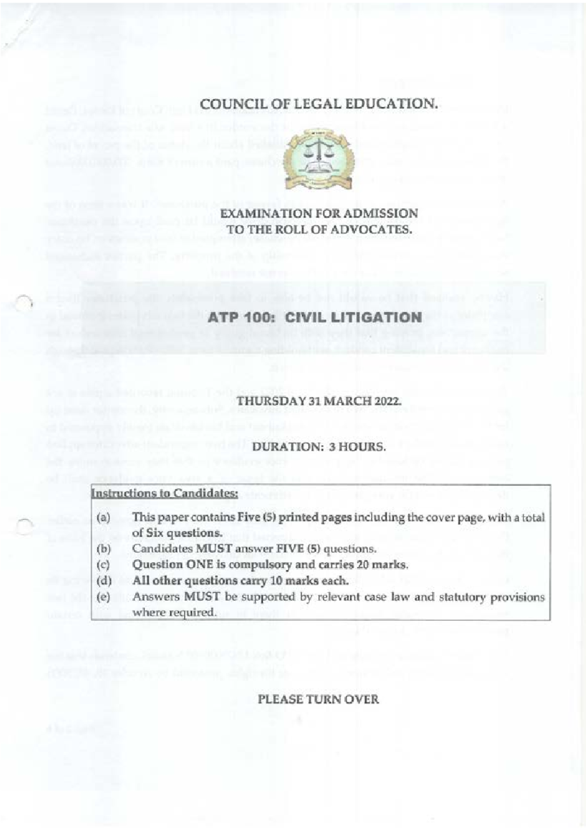 ATP 100 Civil Litigation Mar 2022 - COUNCIL OF LEGAL EDUCATION. to ...