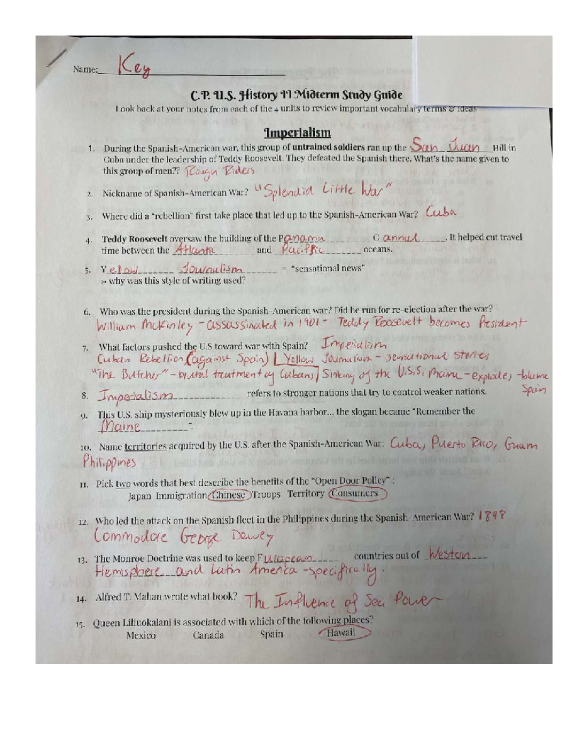 US History II Midterm Study Guide Key - Name: Key C. U. History 11 ...