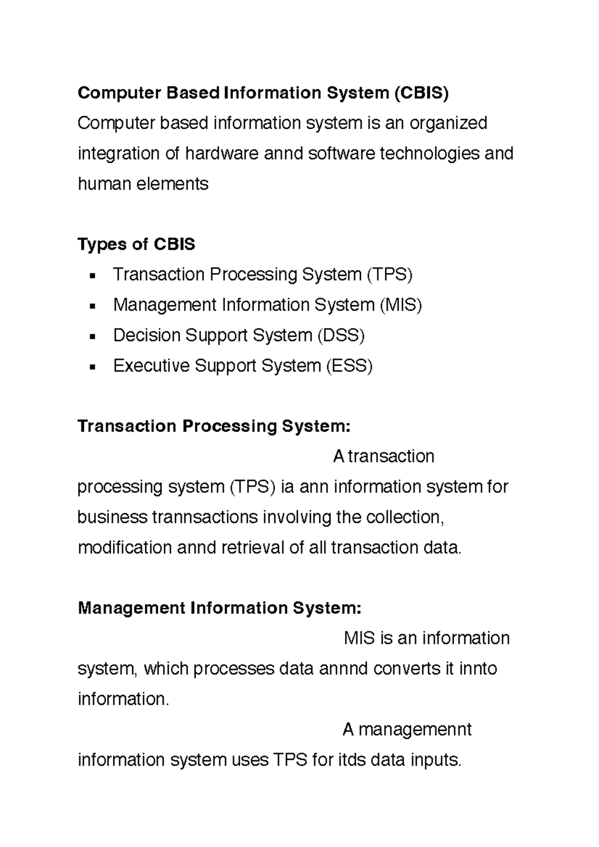 CBIS Overview and Types: TPS, MIS, DSS, ESS - BS IT 1st Course - Studocu
