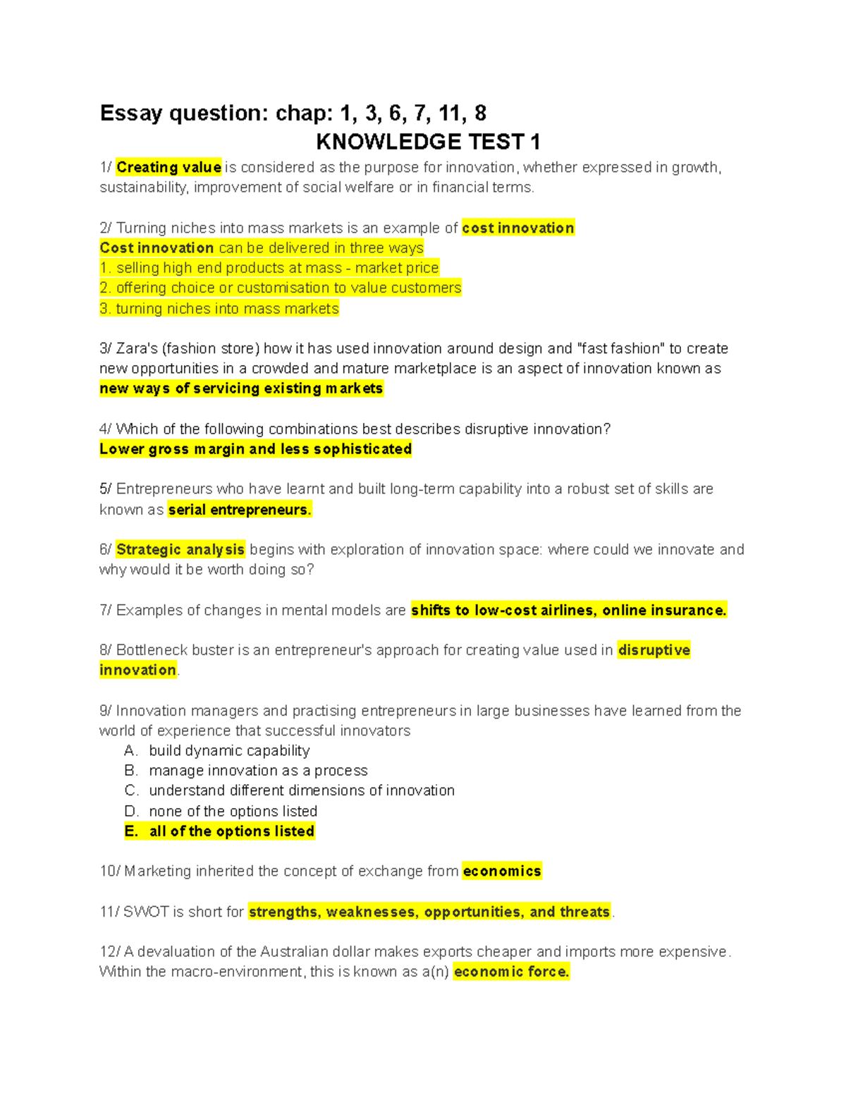 Knowledge Test 1 and 2 - Essay question: chap: 1, 3, 6, 7, 11, 8 ...