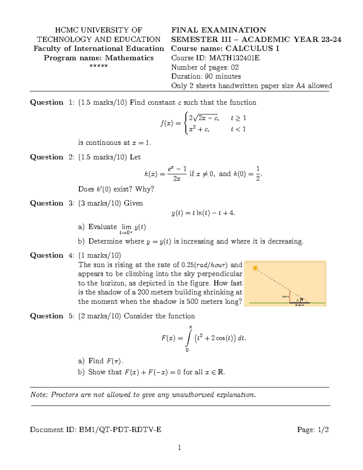 Đề và ĐA MATH132401E Calculus I Final Exam HK3 Y2023-24 - Studocu