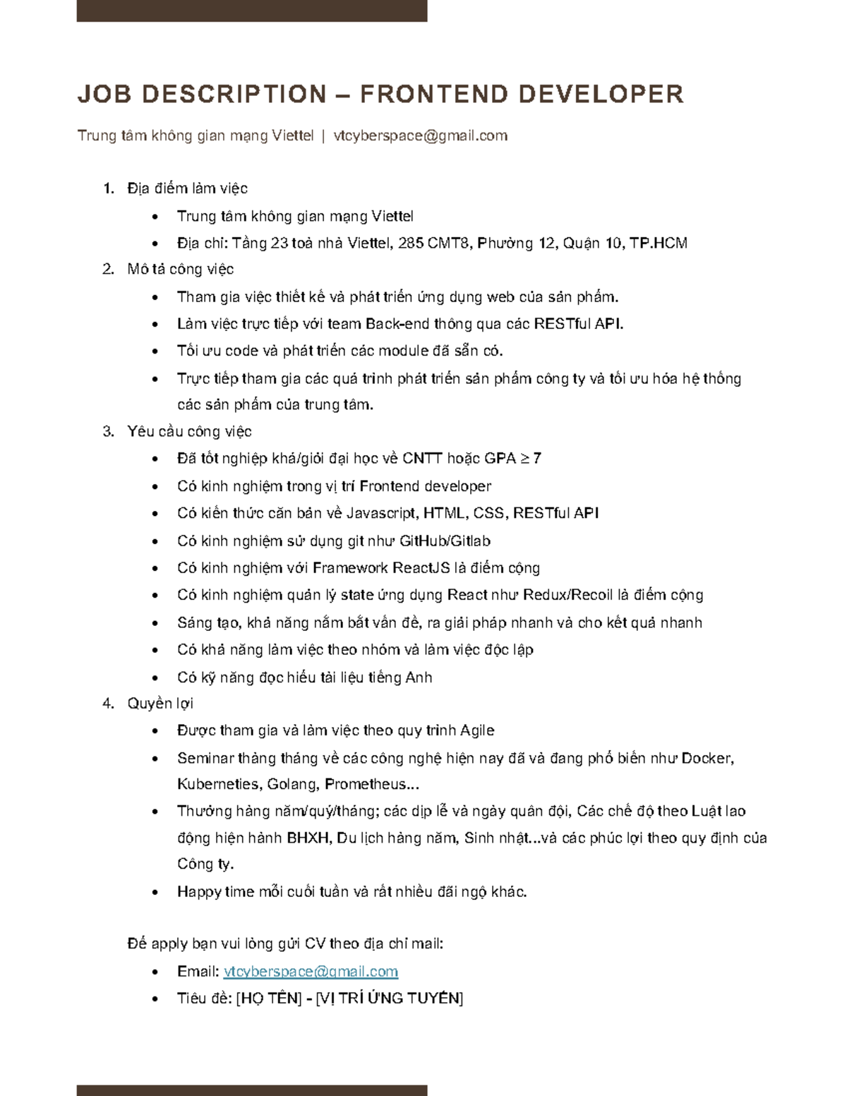 JD-Web - Human resouce - JOB DESCRIPTION – FRONTEND DEVELOPER Trung tâm ...