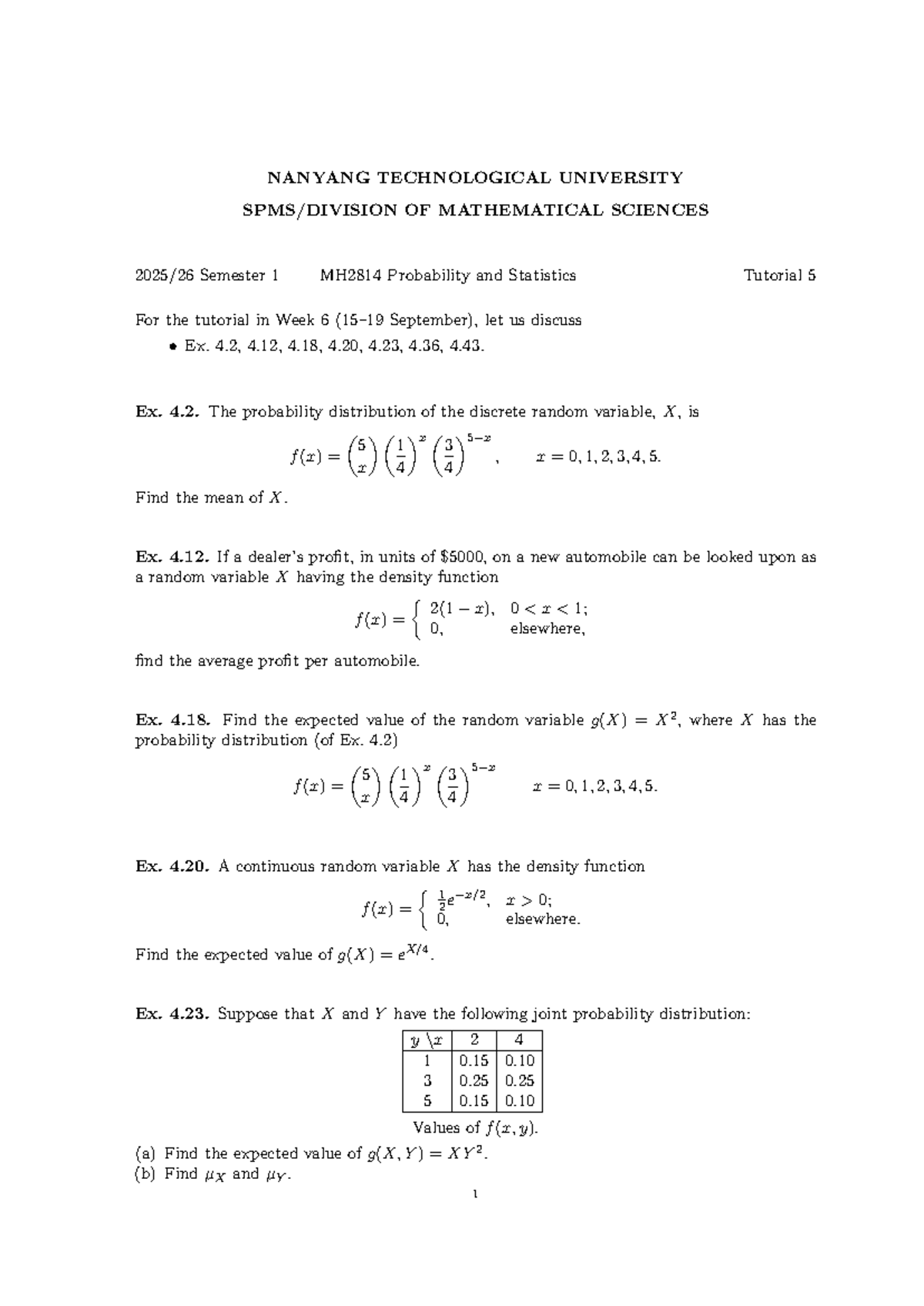 MH2814 Semester 1 2025 - Probability & Statistics Tutorial 5 Questions ...
