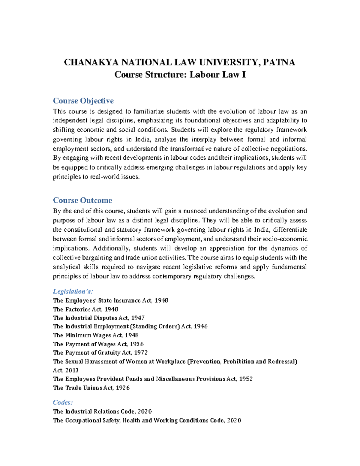Labour Law I Course Structure: Key Concepts & Frameworks - Studocu