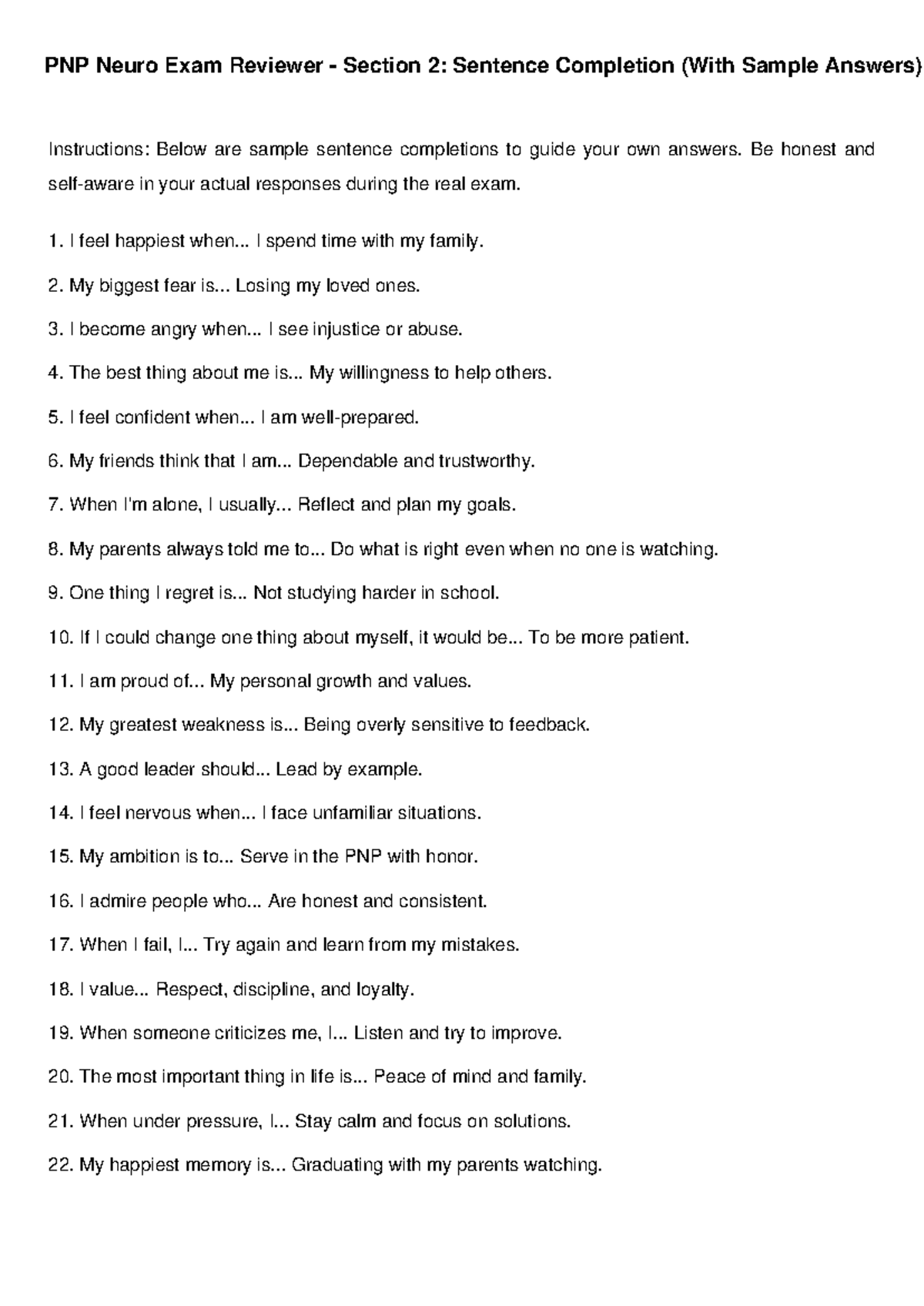 PNP Neuro Exam Reviewer: Sentence Completion Sample Answers - Studocu