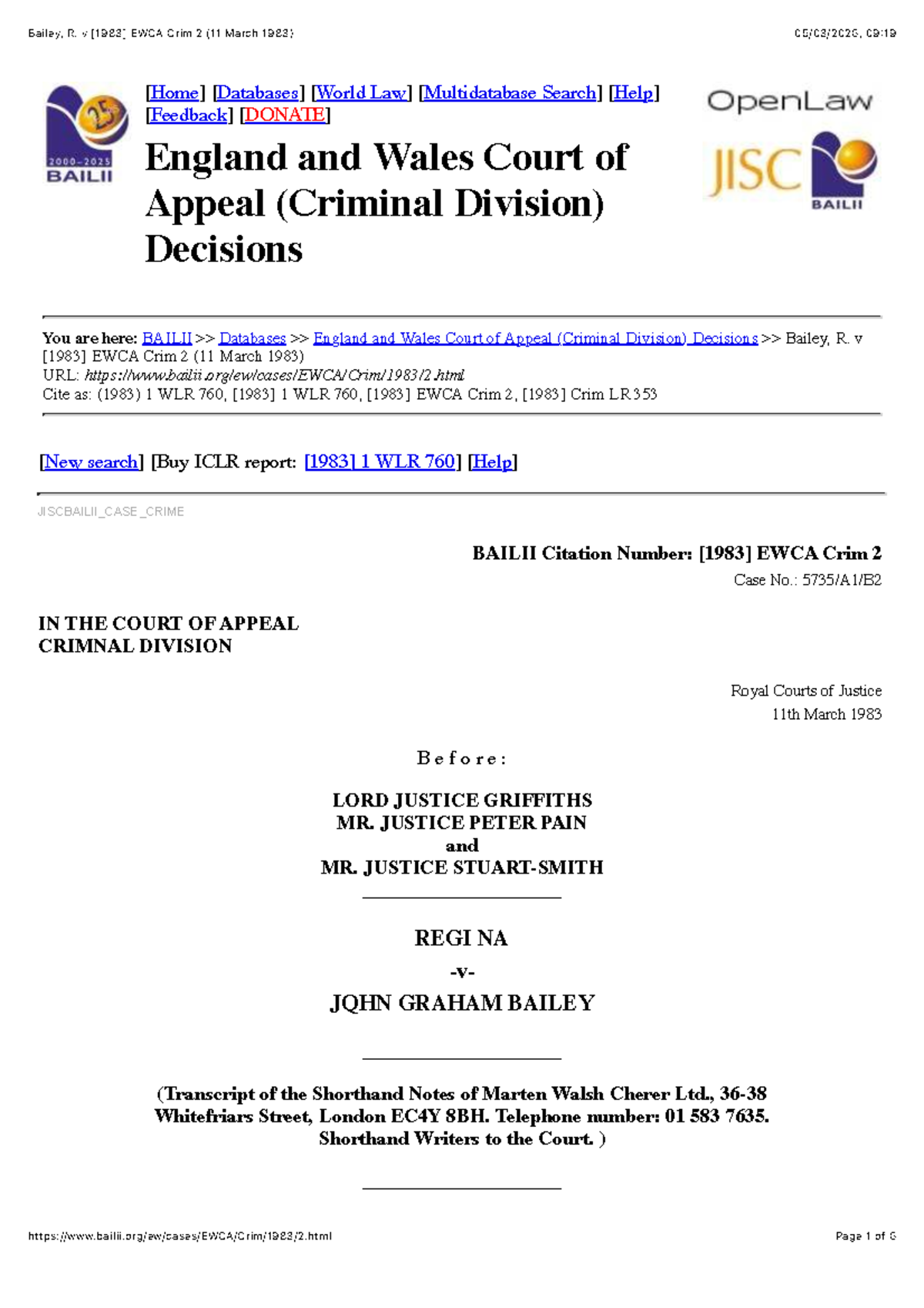 Bailey, R. v [1983] EWCA Crim 2: Appeal Judgment Analysis - Studocu