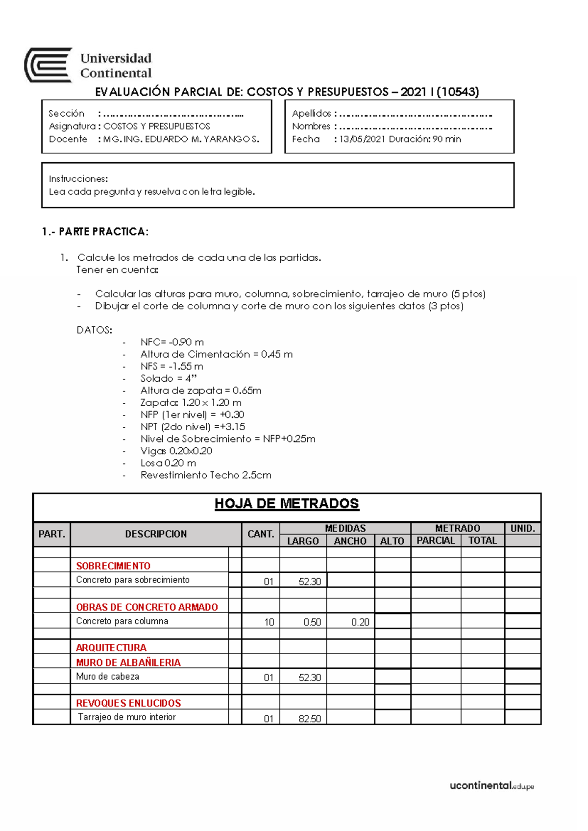 Examen Parcial - Costos 2021 I - Mañana 1 - EVALUACIÓN PARCIAL DE ...