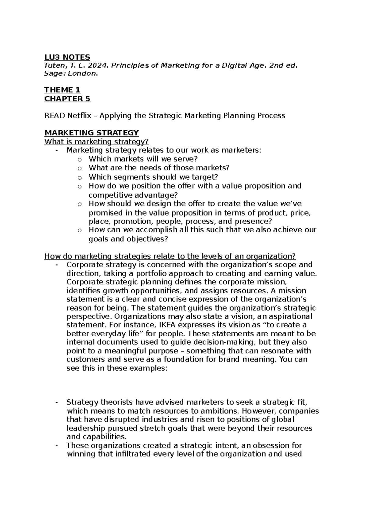 BRST5121 Tuten LU3 Notes: Marketing Strategy Insights from Chapters 3 ...
