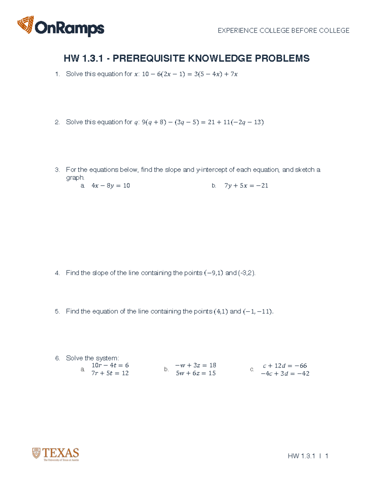 HW 1.3.1 - Prerequisite Knowledge Problems for Experience College - Studocu