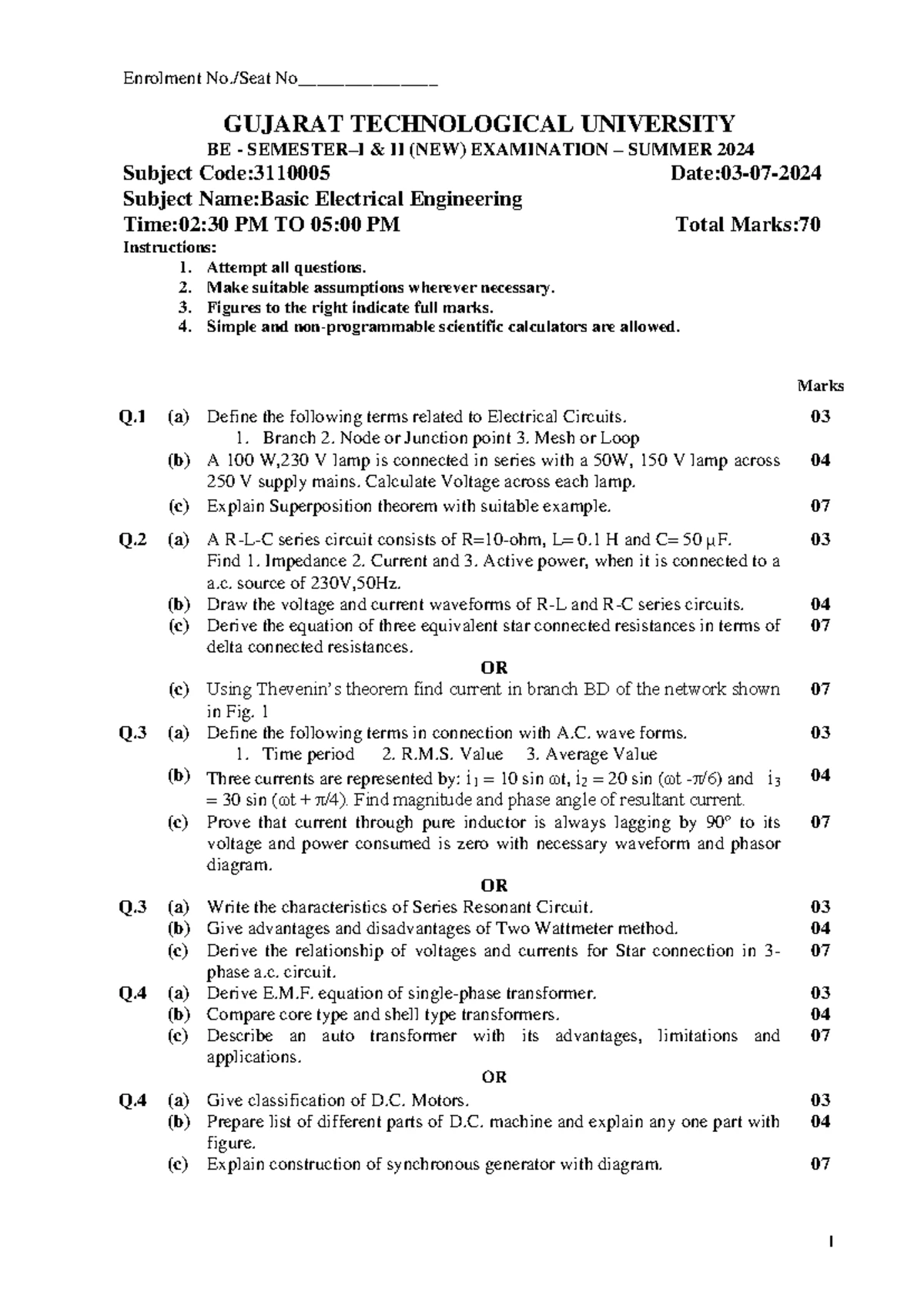 3110005 - Questions paper - 1 Seat No.: ________ Enrolment No ...