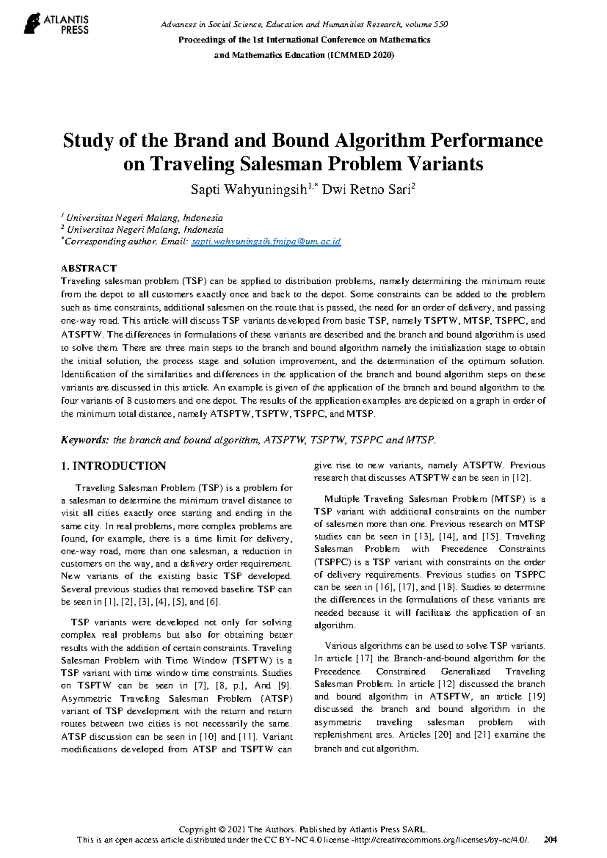 Study of Branch and Bound Algorithm for TSP Variants (ICMMED 2020 ...