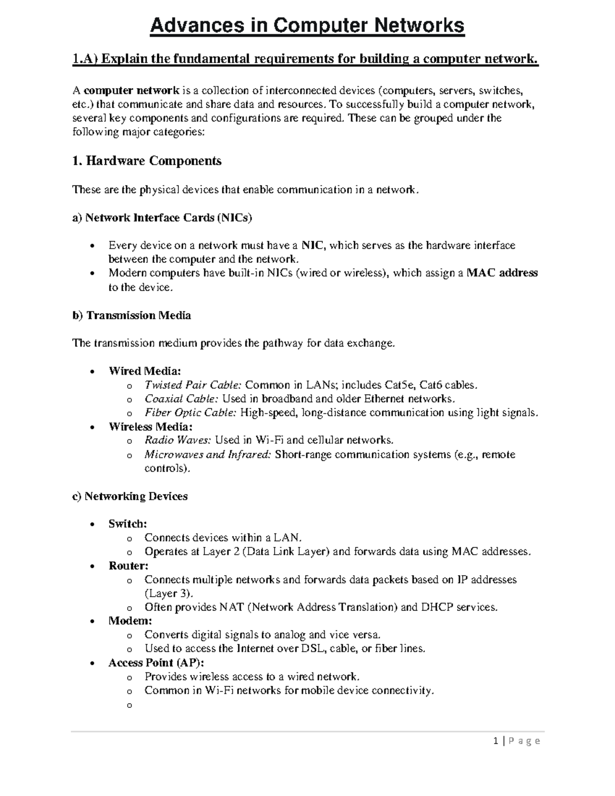 Advances in Computer Networks: Test 1 Answers - Studocu