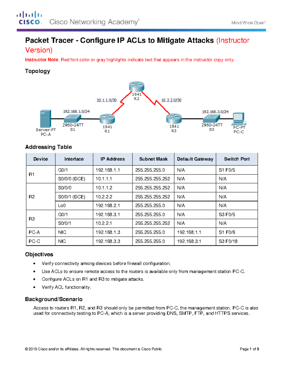 4.1.2.5 Packet Tracer - IP ACL Configuration to Mitigate Attacks ...