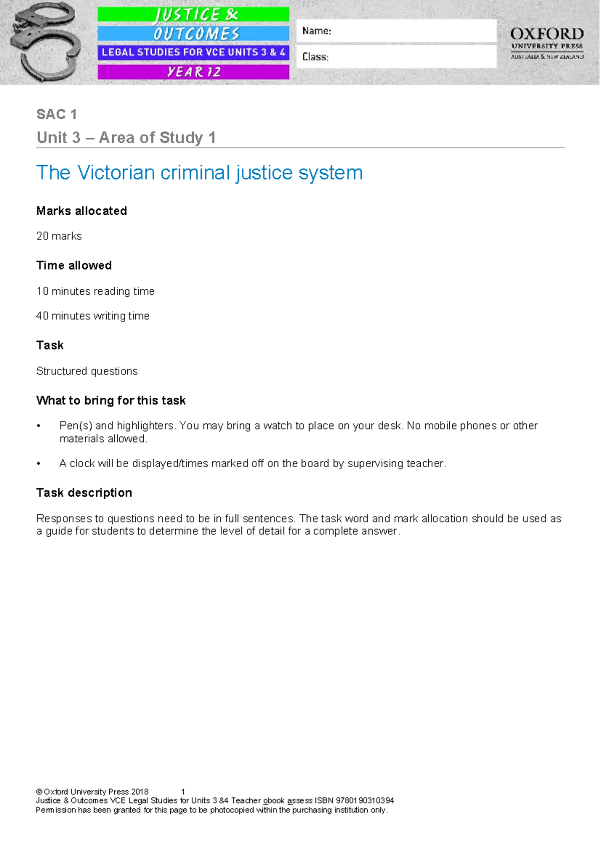 SAC 1 U3O1 Practice Questions on The Victorian Criminal Justice System ...