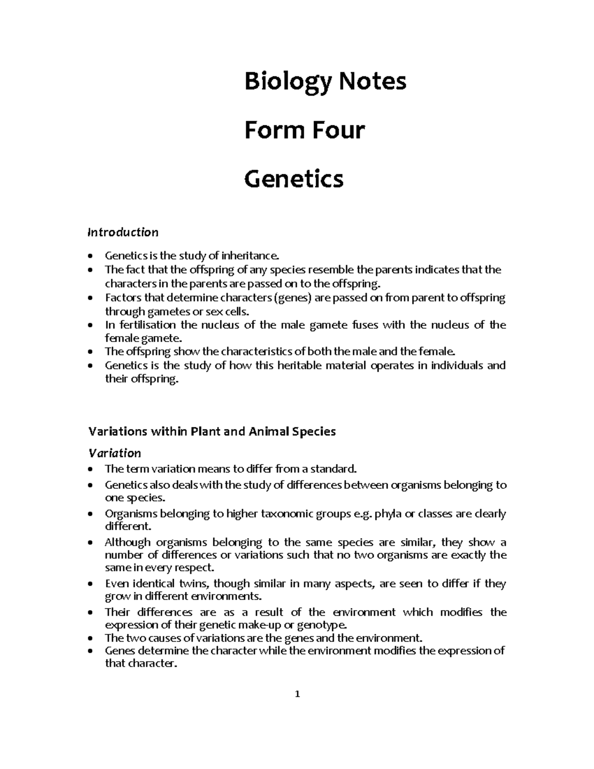 Biology Notes FORM 4 - Genetics and Inheritance Summary - Studocu