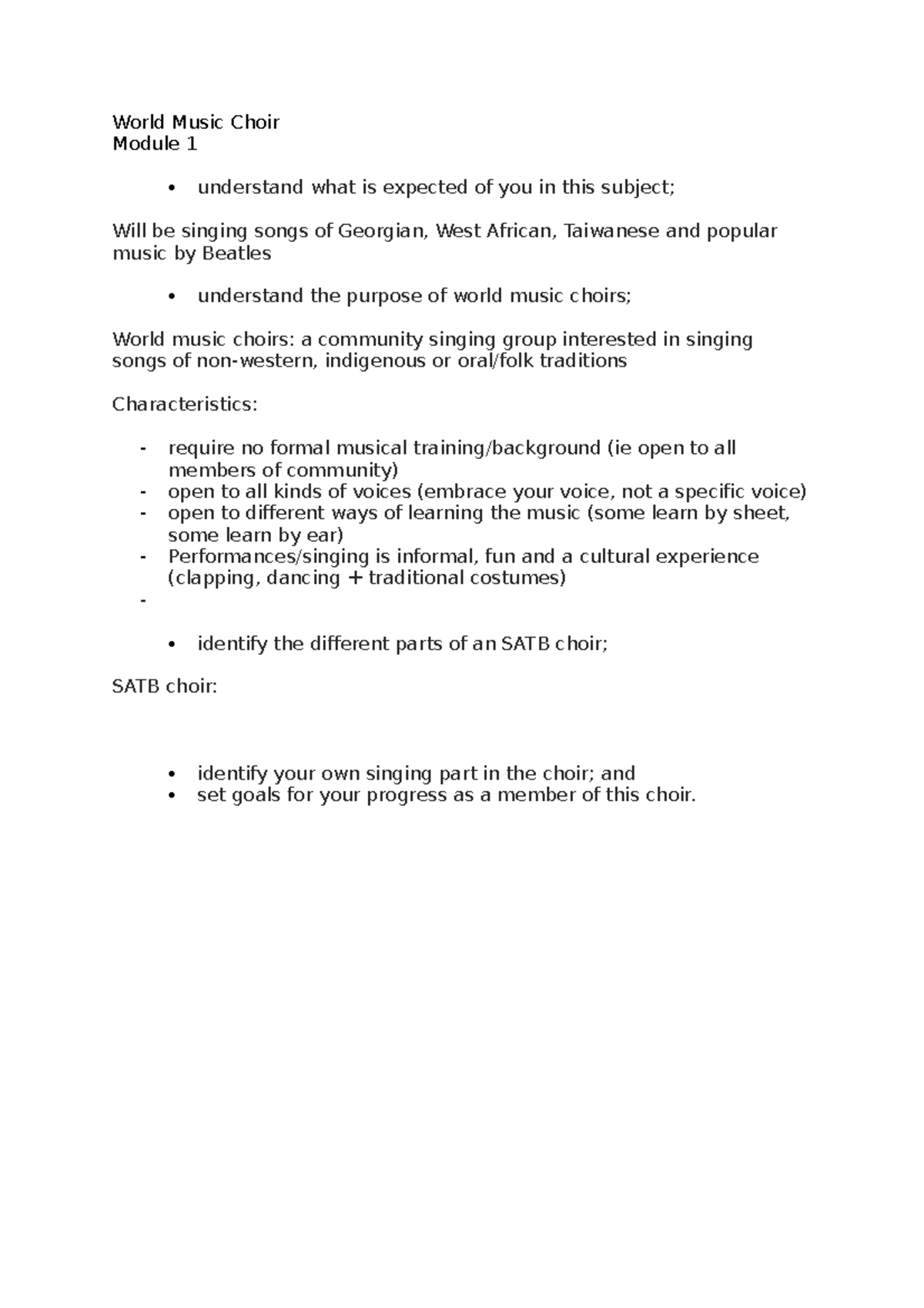 World Music Choir notes (Final Exam) - World Music Choir Module 1 ...