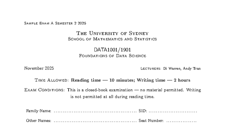 2025S2 DATA1001 Sample Exam A - Foundations of Data Science - Studocu