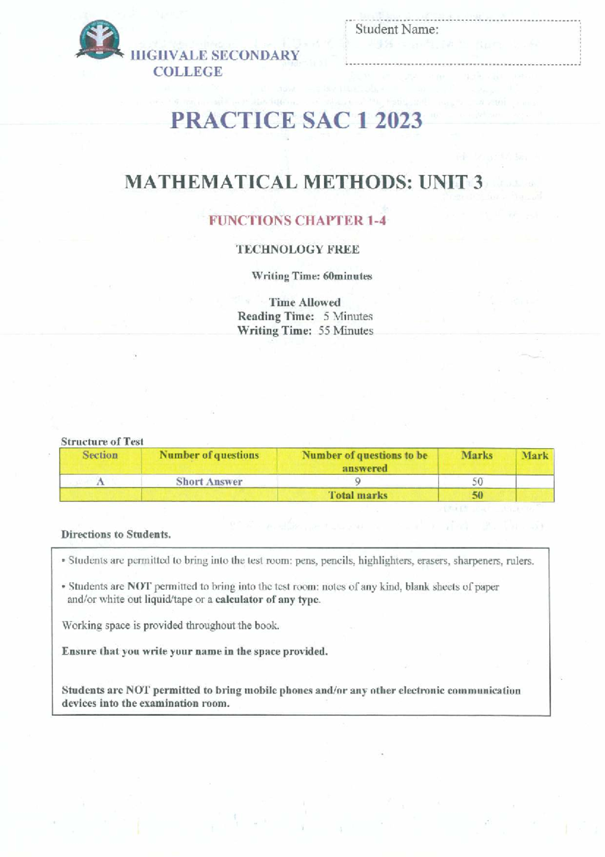 Unit 3 Mathematical Methods: Revision SAC 1 Practice Test 2023 - Studocu