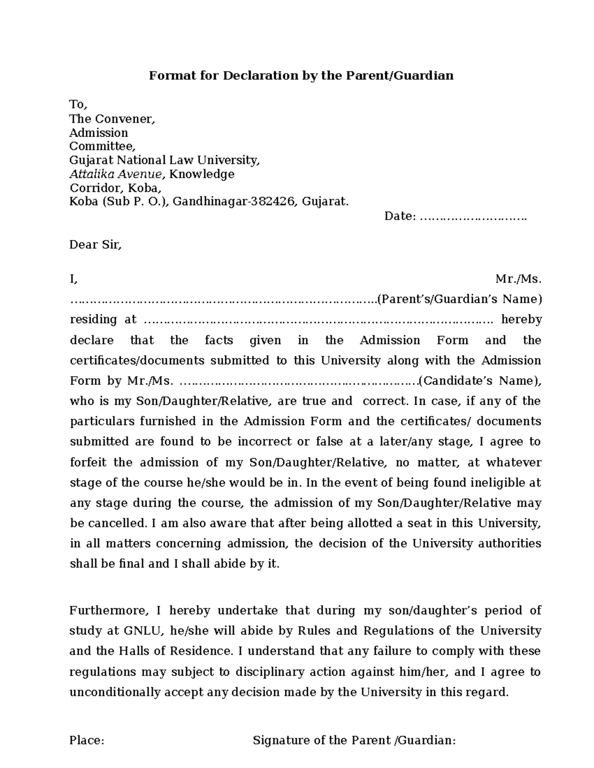 Declaration by Parent for Admission - GNLU - Studocu