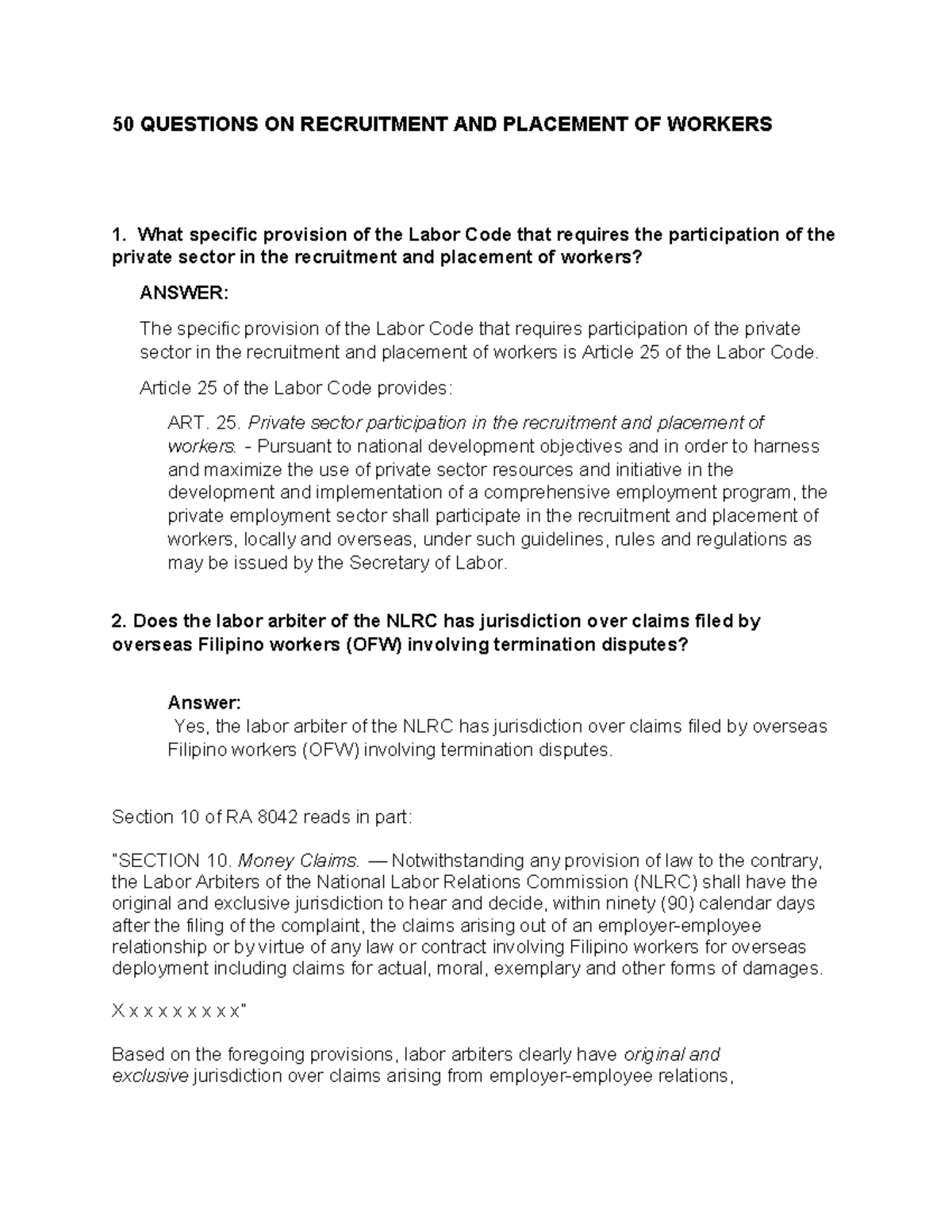 50 Questions on Recruitment and Placement (Labor Law Review) - Studocu