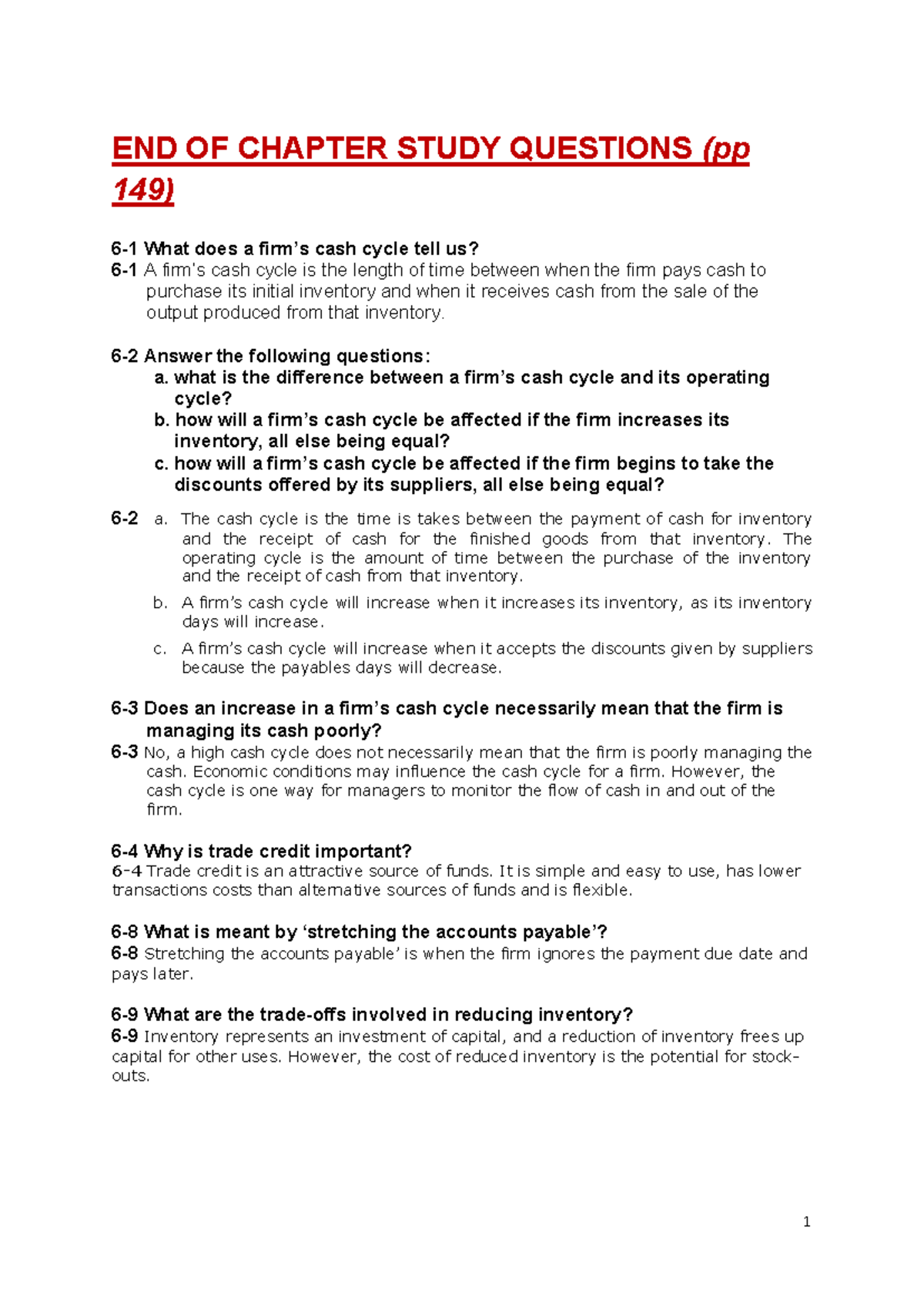 Week 6 End of Chapter Problems & Applications Solutions (Cash Cycle ...