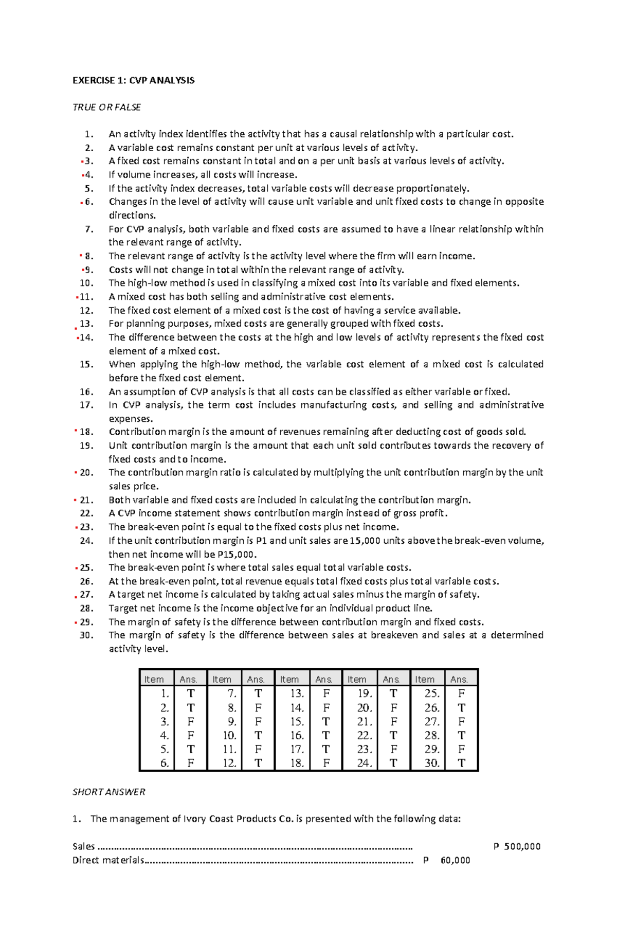 Exercise 1: CVP Analysis Insights and Solutions (ACC 101) - Studocu
