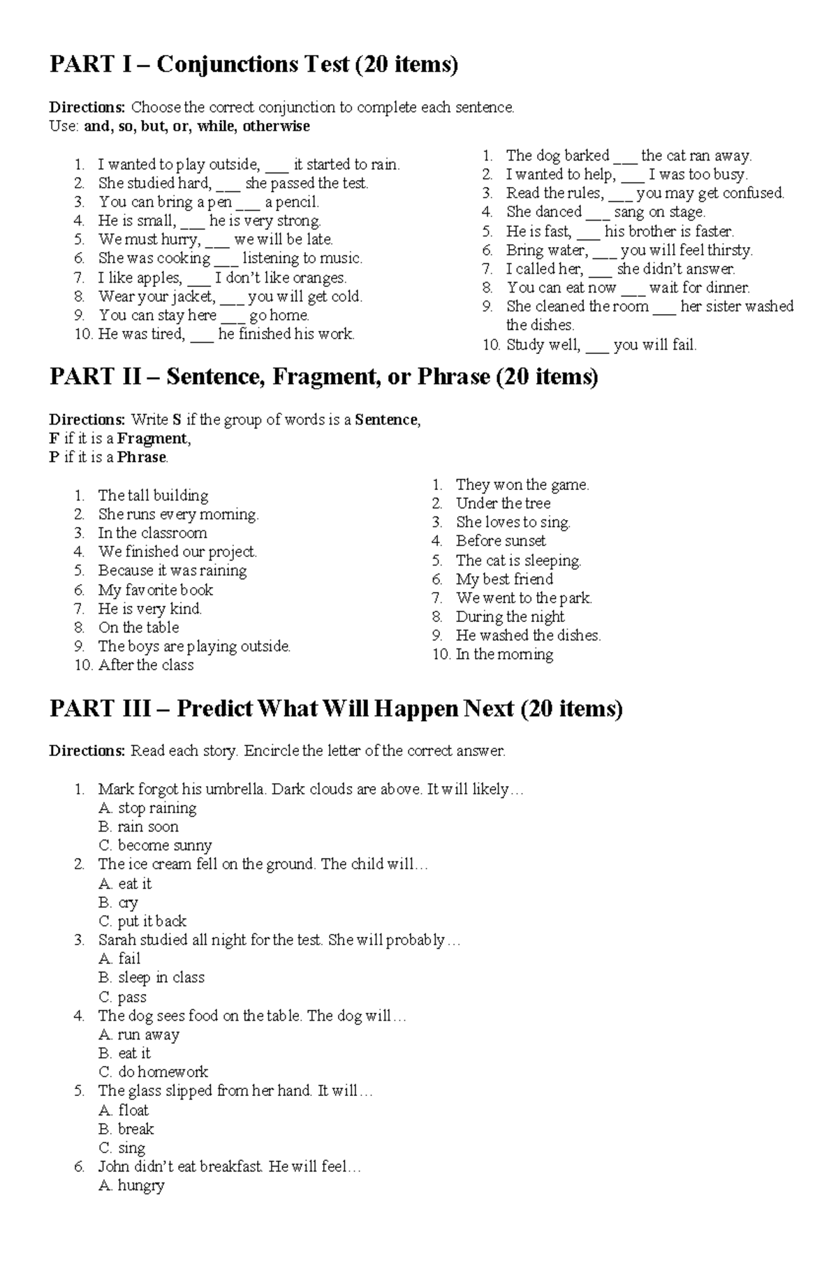 Sample TEST for Grade 4: Conjunctions, Sentences, & Predictions - Studocu