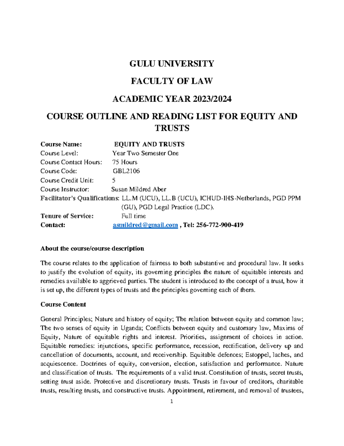 Equity and Trusts course outline 2023 - GULU UNIVERSITY FACULTY OF LAW ...