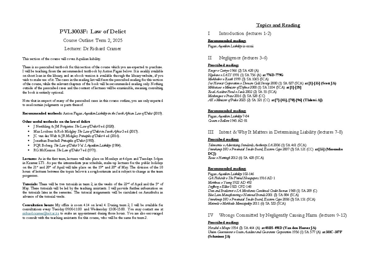 Aquilian liability outline PVL3003F: Law of delict term 2, 2025 - Studocu