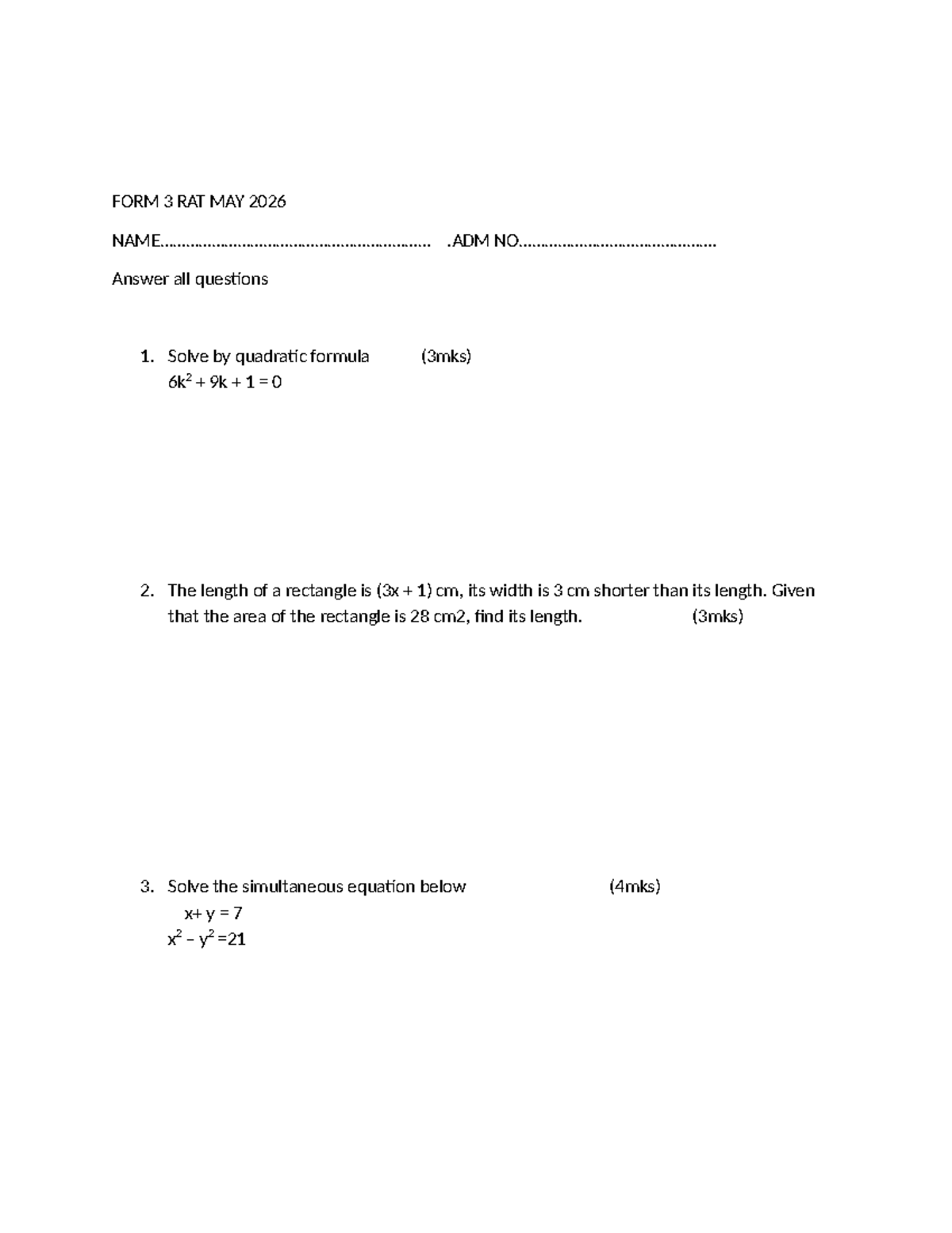 FORM 3 RAT MAY 2026 - Math Problem Solutions - Studocu