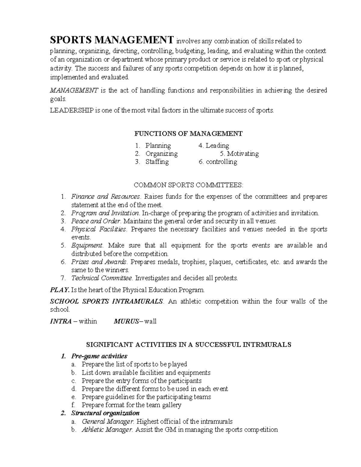 PE 21 Notes 1 - Sports Management in Physical Education - Studocu