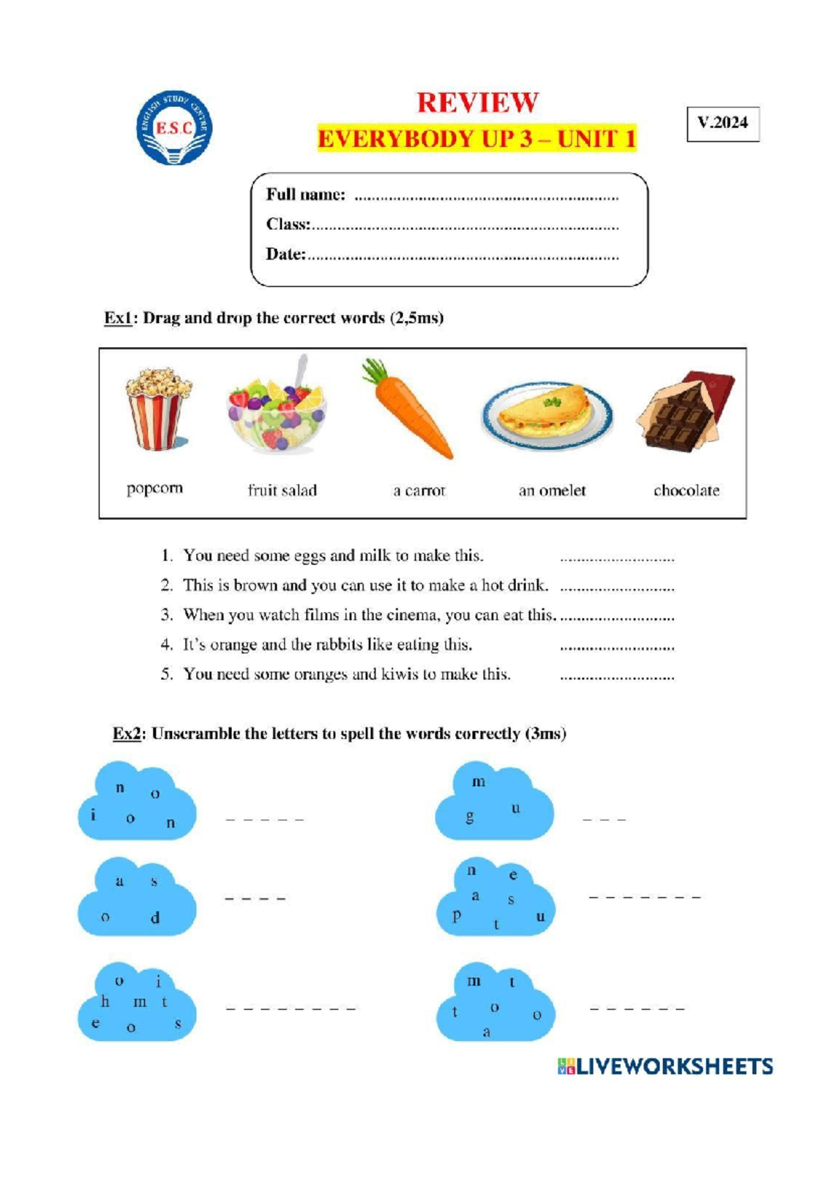 Everybody Up 3 Unit 1 Review: Vocabulary & Exercises Guide - Studocu