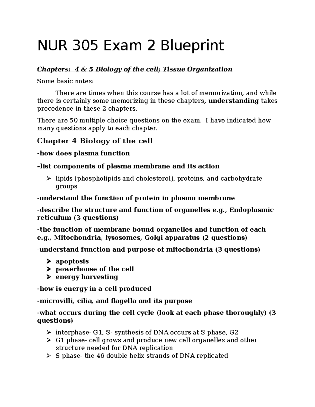 NUR 305 Exam 2 Study Guide: Biology & Tissue Organization Notes - Studocu