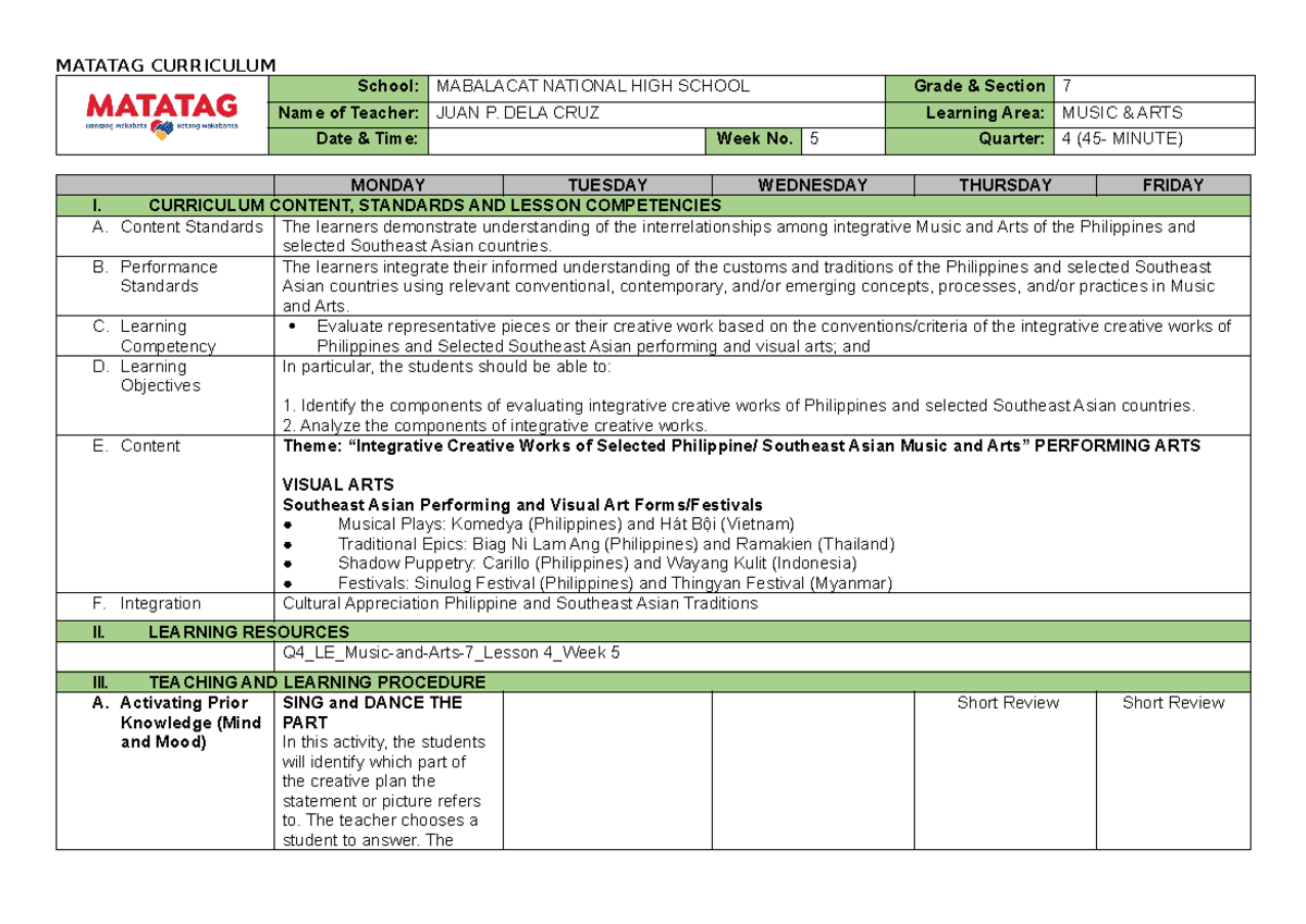Q4 DLL Music & Arts 7 Lesson Plan for Week 5 - Integrative Works - Studocu